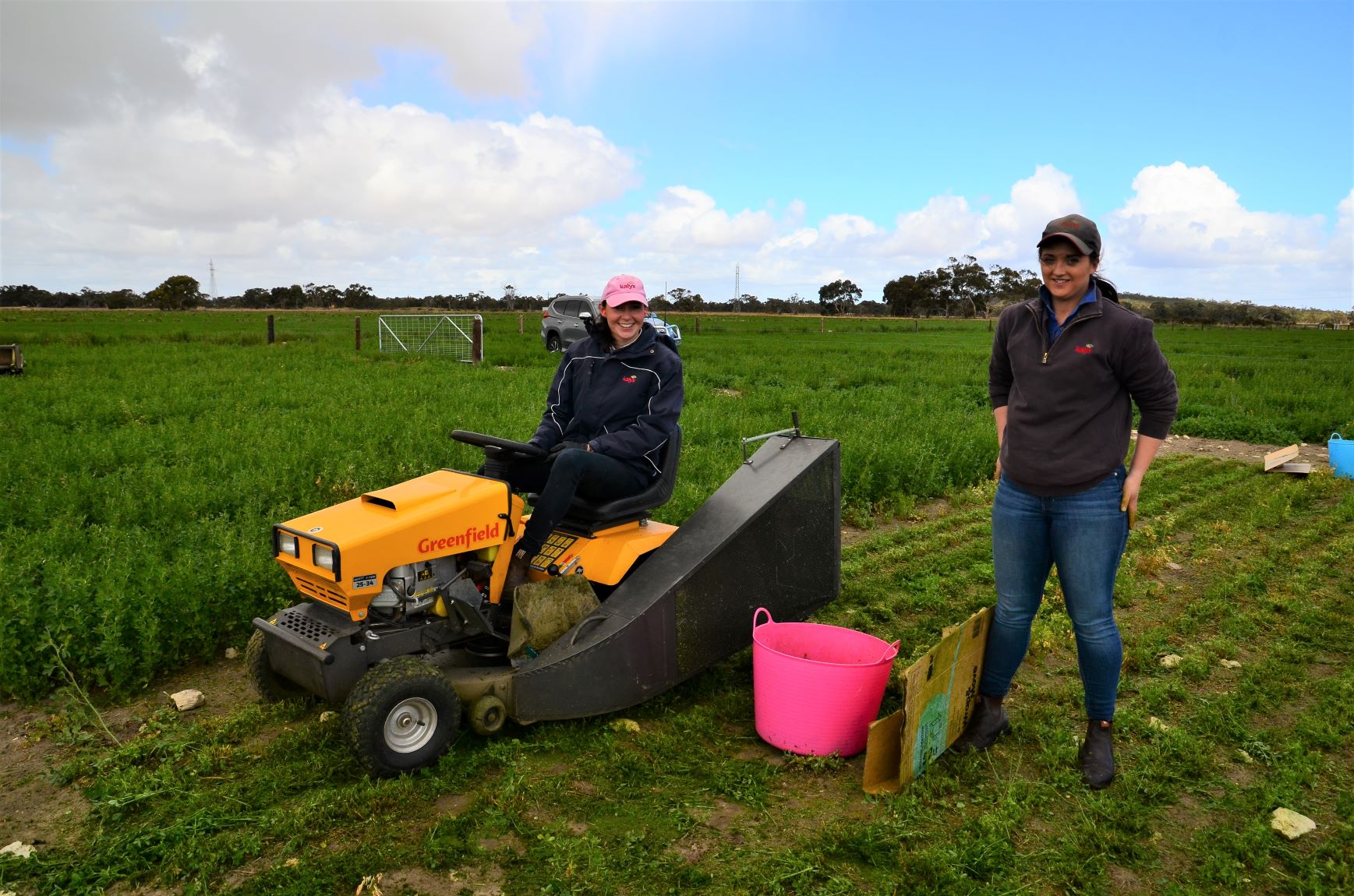 Rebekah Allen and Jessamy Bennet from Kalyx braving the cold, wet and windy conditions today to take another cut from the herbage plots in the LA Variety trial.